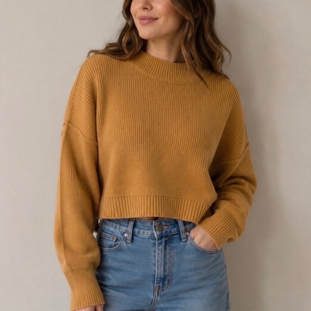 Free People Mustard Yellow Ribbed Mock Neck Cropped Boxy Sweater